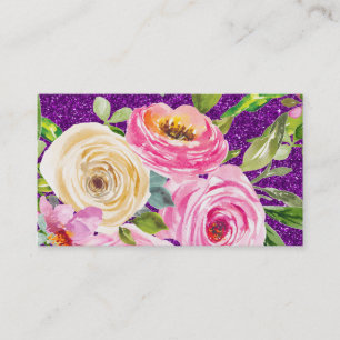 Waterverf Rozen in Roze en Cream Paarse Glitter Visitekaartje
