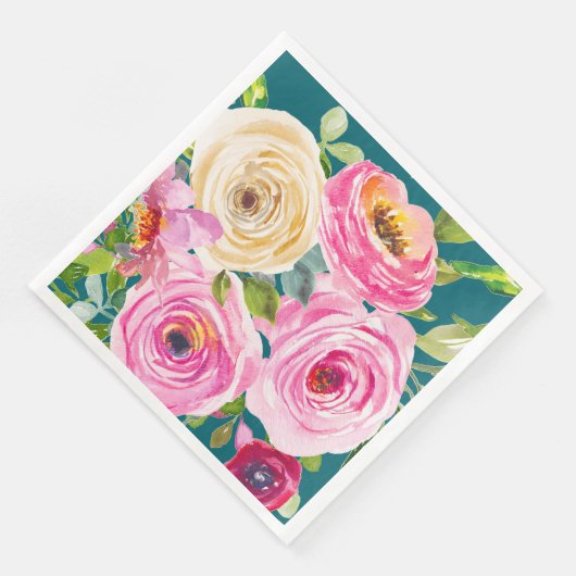 Waterverf Rozen in roze en crème in Blauwgroen Servet (Hoek)