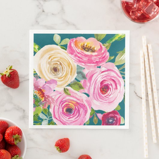 Waterverf Rozen in roze en crème in Blauwgroen Servet (Insitu)