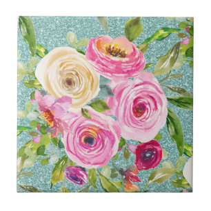 Waterverf Rozen in roze en crème op Aqua Glitter Tegeltje