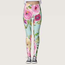 Waterverf Rozen in roze en crème op Aqua Leggings