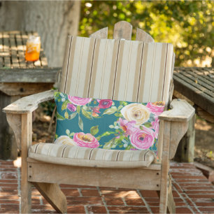 Waterverf Rozen in roze en crème op Blauwgroen Buitenkussen