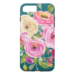 Waterverf Rozen in roze en crème op Blauwgroen iPhone 8 Plus / 7 Plus Hoesje