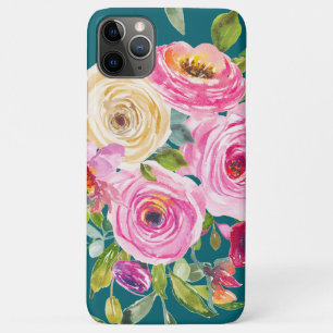 Waterverf Rozen in roze en crème op Blauwgroen iPhone 11 Pro Max Hoesje