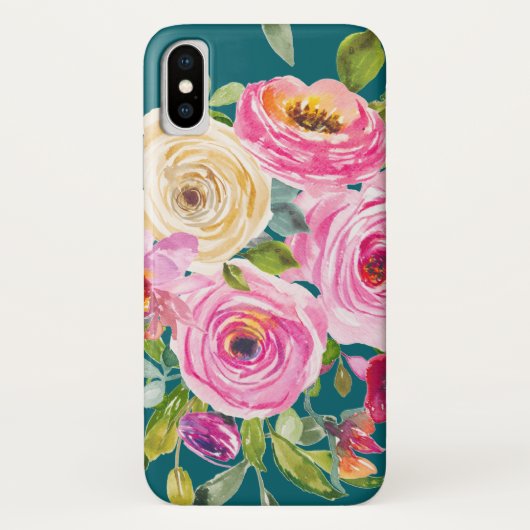 Waterverf Rozen in roze en crème op Blauwgroen Case-Mate iPhone Case (Achterkant)