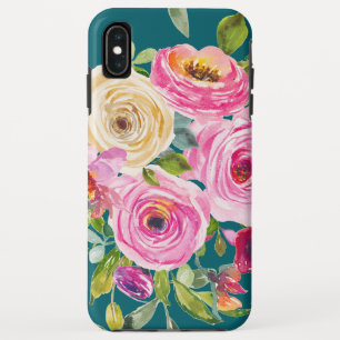 Waterverf Rozen in roze en crème op Blauwgroen iPhone XS Max Hoesje