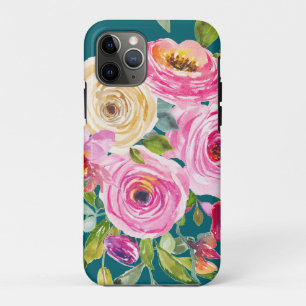 Waterverf Rozen in roze en crème op Blauwgroen iPhone 11 Pro Hoesje