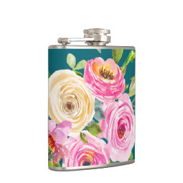 Waterverf Rozen in roze en crème op Blauwgroen Heupfles