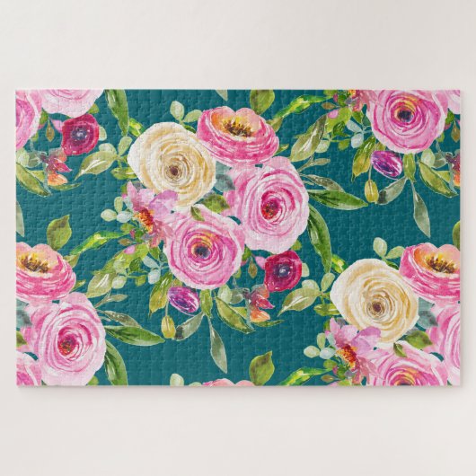 Waterverf Rozen in roze en crème op Blauwgroen Legpuzzel (Horizontaal)