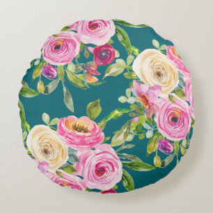 Waterverf Rozen in roze en crème op Blauwgroen Rond Kussen