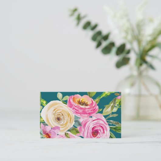 Waterverf Rozen in roze en crème op Blauwgroen Visitekaartje