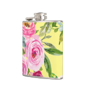 Waterverf Rozen in roze en crème op geel Heupfles (Links)