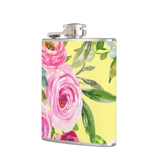 Waterverf Rozen in roze en crème op geel Heupfles (Links)