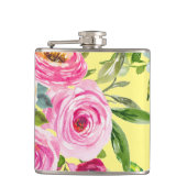 Waterverf Rozen in roze en crème op geel Heupfles (Voorkant)