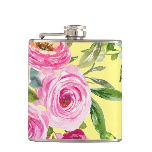 Waterverf Rozen in roze en crème op geel Heupfles (Voorkant)