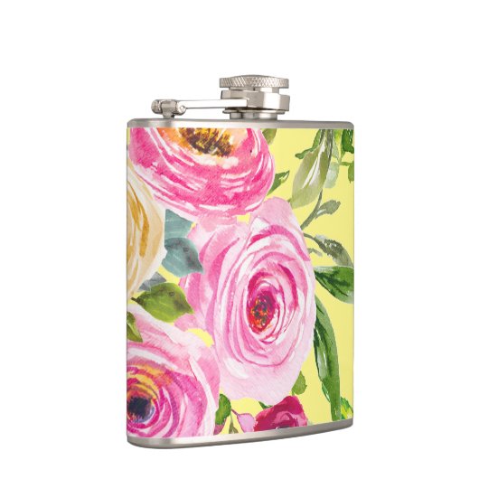 Waterverf Rozen in roze en crème op geel Heupfles (Rechts)