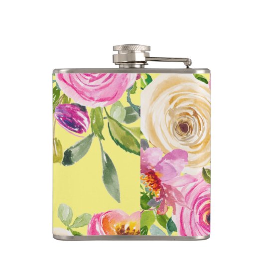 Waterverf Rozen in roze en crème op geel Heupfles (Achterkant)