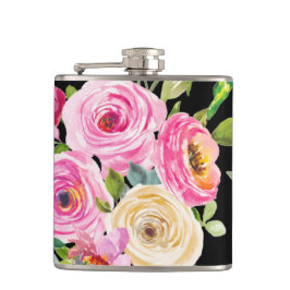 Waterverf Rozen in roze en crème op zwart Heupfles