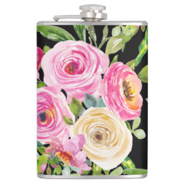 Waterverf Rozen in roze en crème op zwart Heupfles