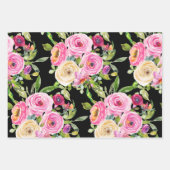 Waterverf Rozen in roze en crème op zwart Inpakpapier Vel (Voorkant 3)