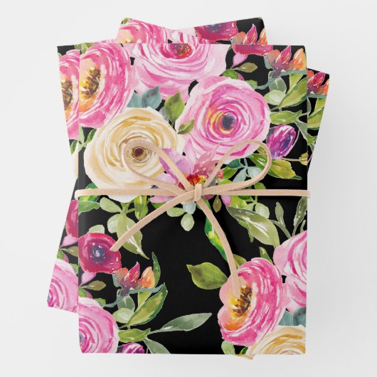Waterverf Rozen in roze en crème op zwart Inpakpapier Vel (In situ)