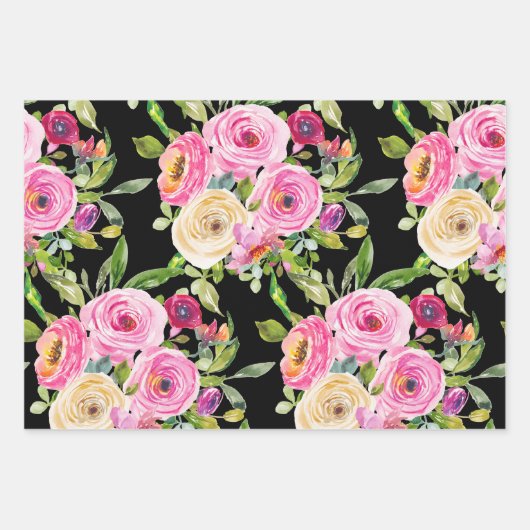 Waterverf Rozen in roze en crème op zwart Inpakpapier Vel (Voorkant)