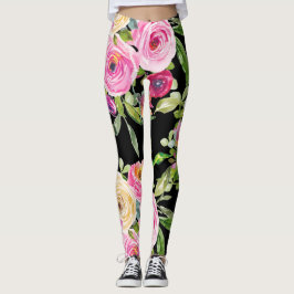 Waterverf Rozen in roze en crème op zwart Leggings