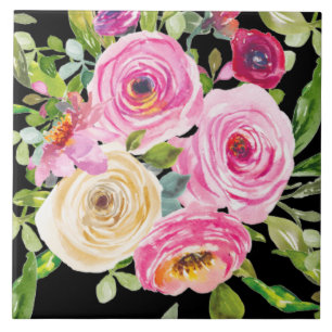 Waterverf Rozen in roze en crème op zwart Tegeltje