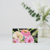Waterverf Rozen in roze en crème op zwart Visitekaartje (Staand voorkant)