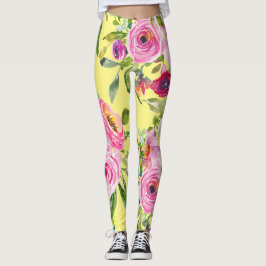 Waterverf Rozen in roze en rood op geel Leggings