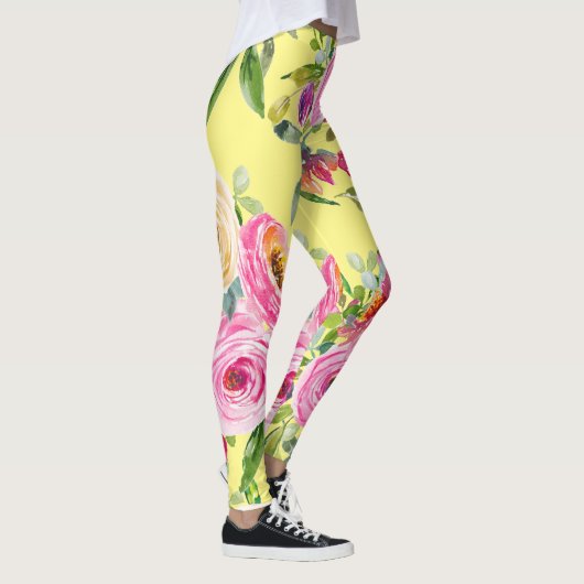 Waterverf Rozen in roze en rood op geel Leggings (Rechts)