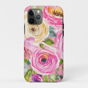 Waterverf Rozen in roze en roomroze glitter iPhone 11 Pro Hoesje