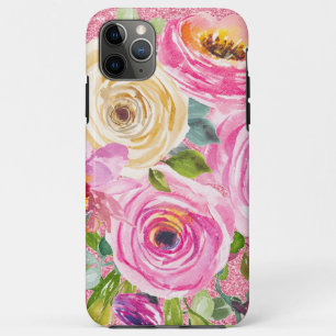 Waterverf Rozen in roze en roomroze glitter iPhone 11 Pro Max Hoesje