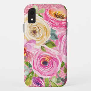 Waterverf Rozen in roze en roomroze glitter iPhone XR Hoesje