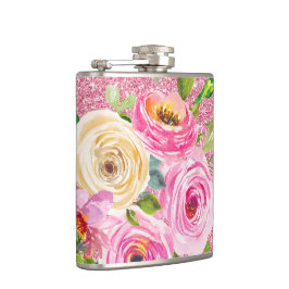 Waterverf Rozen in roze en roomroze glitter Heupfles