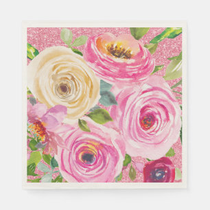 Waterverf Rozen in roze en roomroze glitter Servet