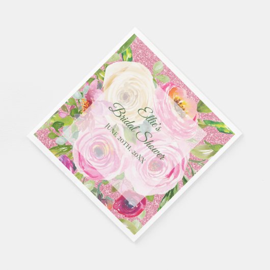 Waterverf Rozen in roze en roomroze glitter Servet (Hoek)