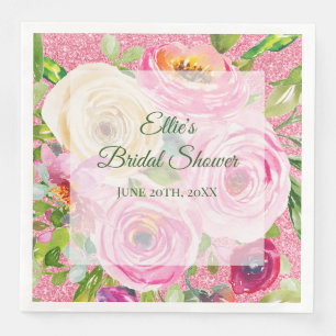 Waterverf Rozen in roze en roomroze glitter Servet