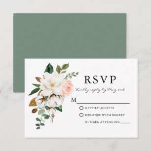 Waterverf Rozen Magnolias Wedding Sage Green RSVP Kaartje