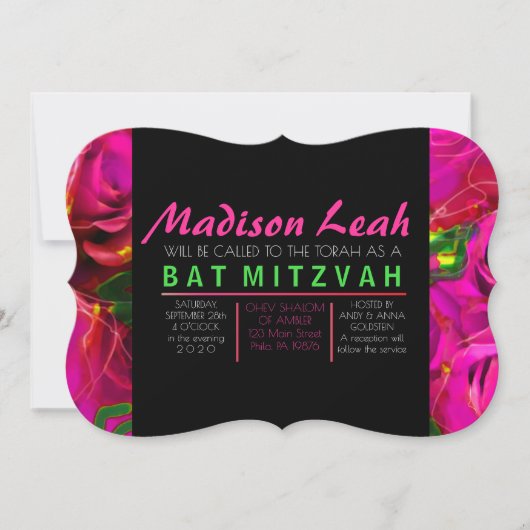 WATERVERF ROZEN PINK NEON Bat Mitzvah Kaart (Voorkant)