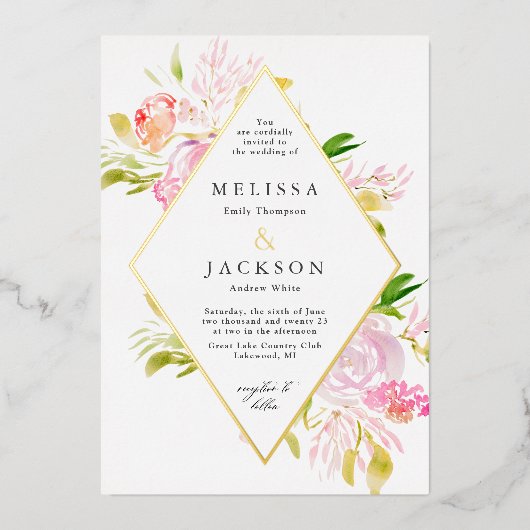 Waterverf Rozen Spring Flower Invitation Diamond Folie Uitnodiging (Voorkant)