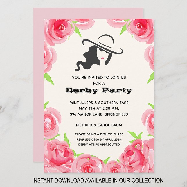 Waterverf Rozen Uitnodiging Paarden Derby Horse Ra (INSTANT DOWNLOAD available in our collection to send your invitations digitally.)