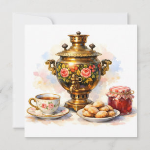 Waterverf Russische Samowar met Koekjes, Jam Kaart