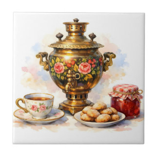 Waterverf Russische Samowar met Koekjes, Jam Tegeltje