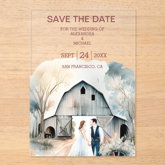 Waterverf Rustic Barn Wedding Acryl Uitnodigingen (Voorkant)