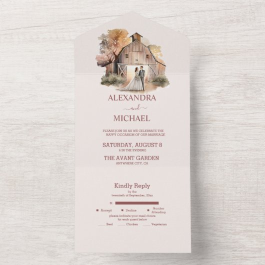 Waterverf Rustic Barn Wedding All In One Uitnodiging (Binnen)