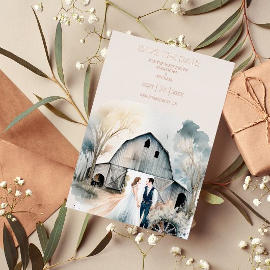 Waterverf Rustic Barn Wedding Folie Uitnodiging