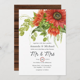 Waterverf Rustic Bohemian Red Sunflower Weddenscha Kaart