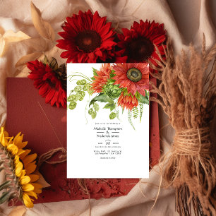 Waterverf Rustic Bohemian Red Sunflower Weddenscha Kaart