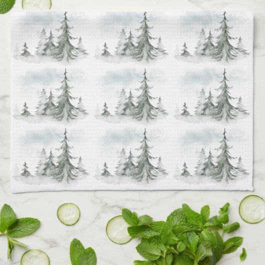 Waterverf Rustic Fir Trees Forest Winter Theedoek (Gevouwen)